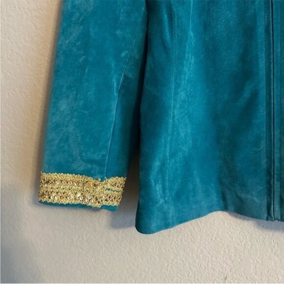 VTG JDS Collection Teal Suede Zip Jacket Gold Trim Women’s Size Small Elegant - Picture 7 of 13
